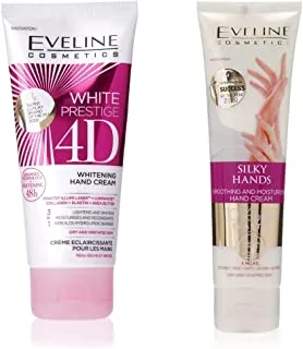 Eveline White Prestige 4D Whitening Hand Cream With Shea Butter, Collagen And Elastin 100Ml & Velvety Hands Soothing And Moisturising Elixir For Hands And Nails, 100Ml