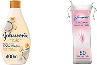 Johnson Body Wash Yoghurt Peach Coconut 400Ml & Pure Cotton Pads, Pack Of 80 Round Pads