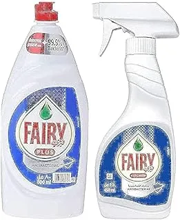 مجموعة Fairy Liquid and Spray (صابون Fairy Plus Antibac السائل لغسل الأطباق ، 800 مل + بخاخ Fairy Kitchen للأطباق وأسطح المطبخ ، مضاد للبكتيريا ، 450 مل)