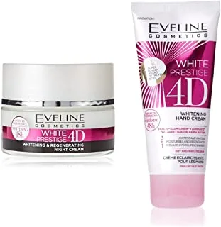 Eveline White Prestige 4D Intensive Whitening Night Cream 50 Ml & White Prestige 4D Whitening Hand Cream With Shea Butter, Collagen And Elastin 100Ml
