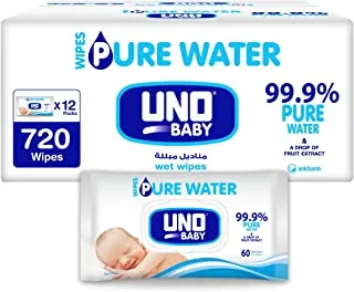 UNO Baby Pure Water Wipes 12 x 60, 720 Wipes, White