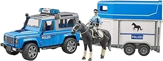 عربة شرطة Bruder Land Rover Defender ، مقطورة حصان ، حصان واحد وشرطي