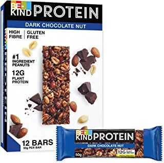 Be Kind Protein Bar Dark Chocolate with Nuts, 12g Vegan Protein, Gluten-Free Light Snack, High Fiber, No Preservatives, No Artificial Colors, No Sweeteners, 12 x 50g Pack