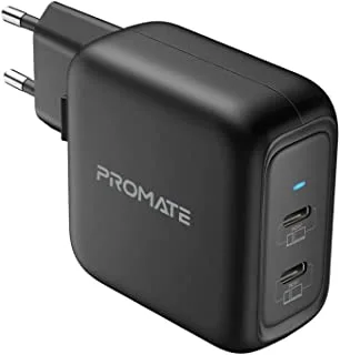 Promate GaN USB-C Charger, Powerful 90W Dual USB-C Laptop Charger with Fast Charging GaN Technology Power Delivery Wall Adaptor for MacBook Pro, iPad Pro, iPhone 12 Pro, 12 Pro Max, iPad Air, Black