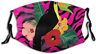 YOLIKA Anti-Dust Washable Reusable Mouth Face Cover Toucan Bird Sitting On Hibiscus Plants Flowers Large Leaves On Zebra Background Fashion Design for Unisex Outdoor Scarf with Replaceable Filter
