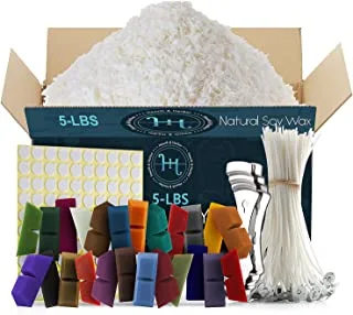 Hearth & Harbor Natural Soy Wax and DIY Candle Making Supplies - 5 Lbs Soy Candle Wax Flakes, 24 Candle Wax Dye Blocks, 100 Cotton Wicks, and 2 Metal Centering Device