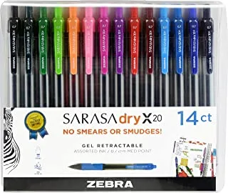 Zebra Pen Sarasa Dry X20 Retractable Gel Pen, Medium Point, 0.7mm, Assorted Fashion Color Ink, 14-Pack