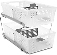 Madesmart 2-Tier Large Plastic Multipurpose Organizer with Divided Slide-Out Storage Bins, Under Sink and Cabinet Organizer Rack, Frost