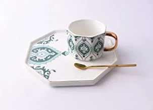 Home Concept Octagon Design Ceramic Cup & Saucer Set With Gold Spoon-230mlGreen/White/Gold