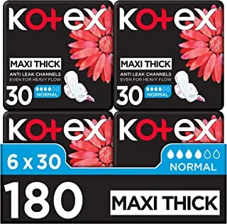 Kotex Maxi Protect Thick Pads, Normal Size Sanitary Pads with Wings, 180 Sanitary Pads