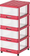 Cosmoplast 4 Tiers Storage Cabinet With Wheels, Dark Red With Translucent Drawers