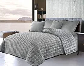 Double Sided Velvet Comforter Set For All Season, 4 Pcs Soft Bedding Set, Single Size (160 X 210 Cm), Classical Double Side Small Box Stitched Pattern, Sc, Silver
