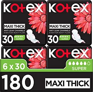 Kotex Maxi Protect Thick Pads, Super Size Sanitary Pads with Wings, 180 Sanitary Pads