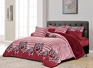 Cozy And Warm Winter Velvet Fur Comforter Set, Single Size (160 X 210 Cm) 4 Pcs Soft Bedding Set, Over Sized Rose Printed Floral Pattern, Mg, Pink