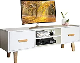 حامل طاولة تلفاز حديث متعدد الوظائف من Mahmayi H301 ، وحدة تخزين مع درجين ورفوف تخزين - أبيض