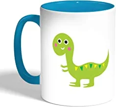 Printed Coffee Mug, Turquoise Color, Cartoon Drawings - Dinosaur (Ceramic)