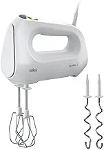 Braun Hand Mixer, 400W, 4 Speeds Turbo, Smart Mix, 2 Stainless Steel Whisks, 2 Stainless Steel Hooks, HM1010WH, White