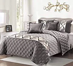 Double Sided Velvet Comforter Set For All Season, 6 Pcs Soft Bedding Set, King Size (220 X 240 Cm), Modern Spiral Print And Geometric Stitched Design, Bl, Silver
