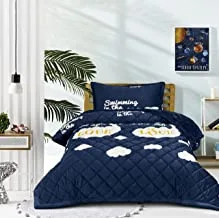Kids Winter Soft Velvet Flannel Sherpa Fleece Comforter Set 3 Piece Single Size ( 160 X 210 Cm), Bedding Set For Girls And Boys, Double Side Square Stitched Mixed Sports Ball Print Design, Ktcm, Blue