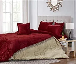 Cozy And Warm Winter Velvet Fur Comforter Set, Single Size (160 X 210 Cm) 4 Pcs Soft Dual Color Bedding Set, Diamond Cut Stitched, Embossed Floral And Embroidery Design, Lscm, Red/Beige