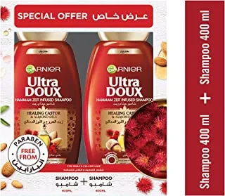 Garnier Ultra Doux Castor And Almond Oils Shampoo, 2 X 400 Ml - Pack Of 1