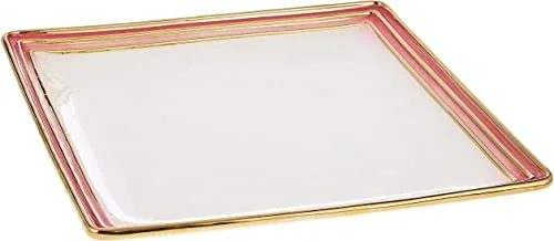 Harmony Ceramic Three Lines Square Plate - 14 Inches, Pink And Gold