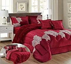 Warm And Fluffy Winter Velvet Fur Reversible Comforter Set, Single Size (160 X 210 Cm) 4 Pcs Soft Bedding Set, Over Sized Rose Floral Design, Jsnh-1, Red