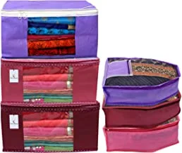 Kuber Industries Non Woven 3 Pieces Saree Cover/Cloth Wardrobe Organizer And 3 Pieces Blouse Cover Combo Set (Pink & Maroon & Purple)