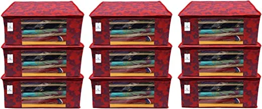 Kuber Industries Metalic Flower 9 Piece Non Woven Saree Cover Set, Large, Red