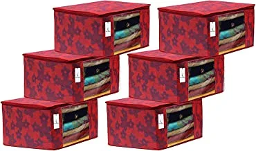 Kuber Industries Metalic Flower 6 Piece Non Woven Clothes Organizer, 7 Inch, Red