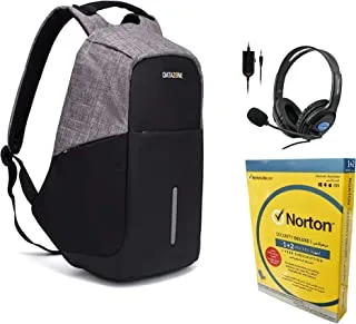 Datazone 15.6 Inch Antitheft Backpack, Laptop, Ps4, And Mobile Headset With Norton Security Deluxe For 3 Devices 1 Year Subscription Bundle Set.