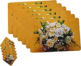 Heart Home Flower PVC 6 Piece Dining Table Placemat Set with Tea Coasters - Yellow CTHH10037