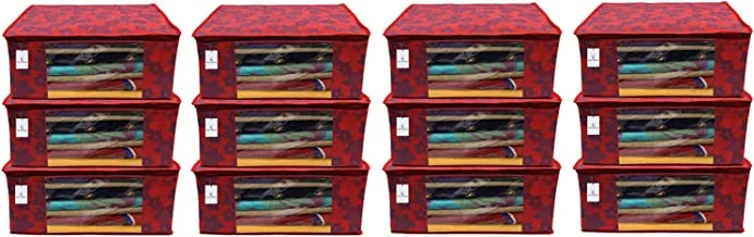 Kuber Industries Metalic Flower 12 Piece Non Woven Saree Cover Set, Large, Red