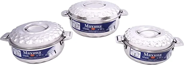 MAXIMA 3PCs Stainless-Steel Hotpot With Two Handles | Insulated Bowl Great Bowl for Holiday & Dinner | Keeps Food Hot & Fresh for Long Hours, Silver