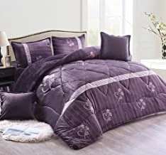Blues Soft, Warm And Fluffy Winter Velvet Fur Comforter Set, King Size (240 X 260 Cm) 6 Pcs Cozy Bedding Set, Horizontal Greek Key Pattern, Floral Printed, Dtx, Purple