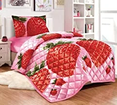 Kids All Season Reversible Soft Velvet Flannel Comforter Set 3 Pcs Single Size (150X200 Cm) Boys Or Girls Bedding Set, Strawberryprinted Design With Double Side Geometric Stitched Pattern, Multicolor