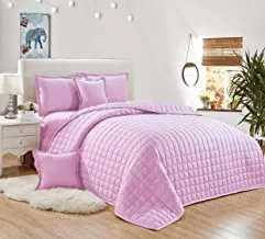 Sleep Night Compressed Comforter Set Solid Color 4 Pieces, Single Size 160 X 210Cm, Reversible Bedding Set for All Seasons, Double Side Quilt Stitching, Pink