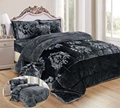 Moon Warm And Fluffy Winter Velvet Fur Reversible Comforter Set, 4 Pcs Soft Bedding Set, Modern Stitched Embossed Floral Design, Single Size 160 X 210 cm, Grey