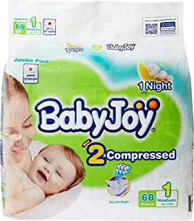 Babyjoy Compressed Diamond Pad, Size 1, Newborn, 0-4 Kg, Jumbo Pack, 68 Diapers