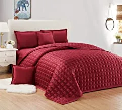 Double Sided Velvet Comforter Set For All Season, King Size (220 X 240 Cm) 6 Pcs Soft Bedding Set, Classic Double Side Square Stitched Design, Sc, Red
