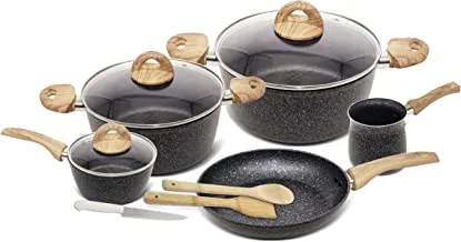 HOMEWAY - مجموعة أدوات الطبخ المطلية بالرخام 11 قطعة ، كاسيرول + سخان القهوة + مقلاة + وعاء الصلصة + سكين - HW-3427