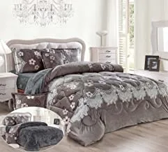 Moon Warm And Fluffy Winter Velvet Fur Reversible Comforter Set, Single Size (160 X 210 Cm) 4 Pcs Soft Bedding Set, Diamond Stitched Floral Pattern, Lhmr, Brown
