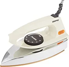Geepas 1200W Automatic Dry Iron Portable, 60 Micron Teflon Sole Plated, Big Fabric Guide & Pilot Indicator Auto Shut Off, Temperature Setting Dial, Overheat Protection, White/Silver, 2.5 Kg, GDI7729