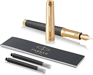 قلم حبر باركر Premier Custom Storm باللون الرمادي الذهبي | قلم حبر Nib ذهبي صلب متوسط ​​عيار 18 | علبة هدايا | 8522