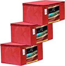 Kuber Industries 3 Piece Non Woven Fabric Clothes Organizer Set With Transparent Window, Extra Large, Red, 43X35X22 Cm