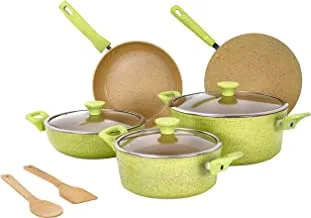 Royalford 10Pcs Aluminium Cookware Set, Multi- Colour, RF9838, 10 Pieces 3 Layers Granite Coated Scratch Resistant, Tempred Glass Lids, 2.5mm Body Thickness, Bakelite Knobs, And Cd Bottoms