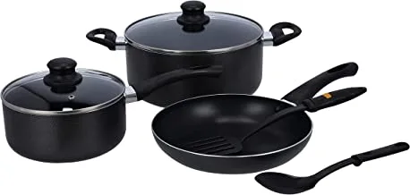 Royalford 7 Pieces Aluminium Cookware Set, Black, Rf8948, Scratch Resistant, Tempered Glass Lids, 2.5Mm Body Thickness, Bakelite Knobs And Cd Bottoms