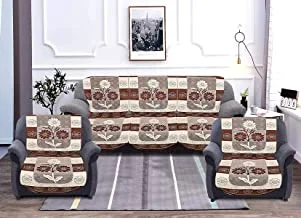 Kuber industries flower print cotton 6 piece 5 seater slip cover/sofa cover set, brown-kubmart010155