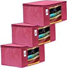 Fun Homes 3 Pieces Non Woven Fabric Saree Cover/Clothes Organiser for Wardrobe Set with Transparent Window, Extra Large (Pink)