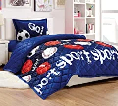 Kids All Season Reversible Soft Velvet Flannel Comforter Set 3 Pcs Single Size (150 X 200 Cm) Boys Or Girls Bedding Set, Double Side Geometric Stitch Pattern With Sport Printed, Multicolor